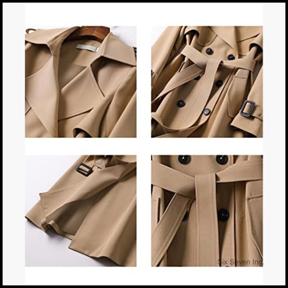 Double Breasted Long Trench Coat Belted Notch Lapel Overcoat Windproof - Picture 5 of 5